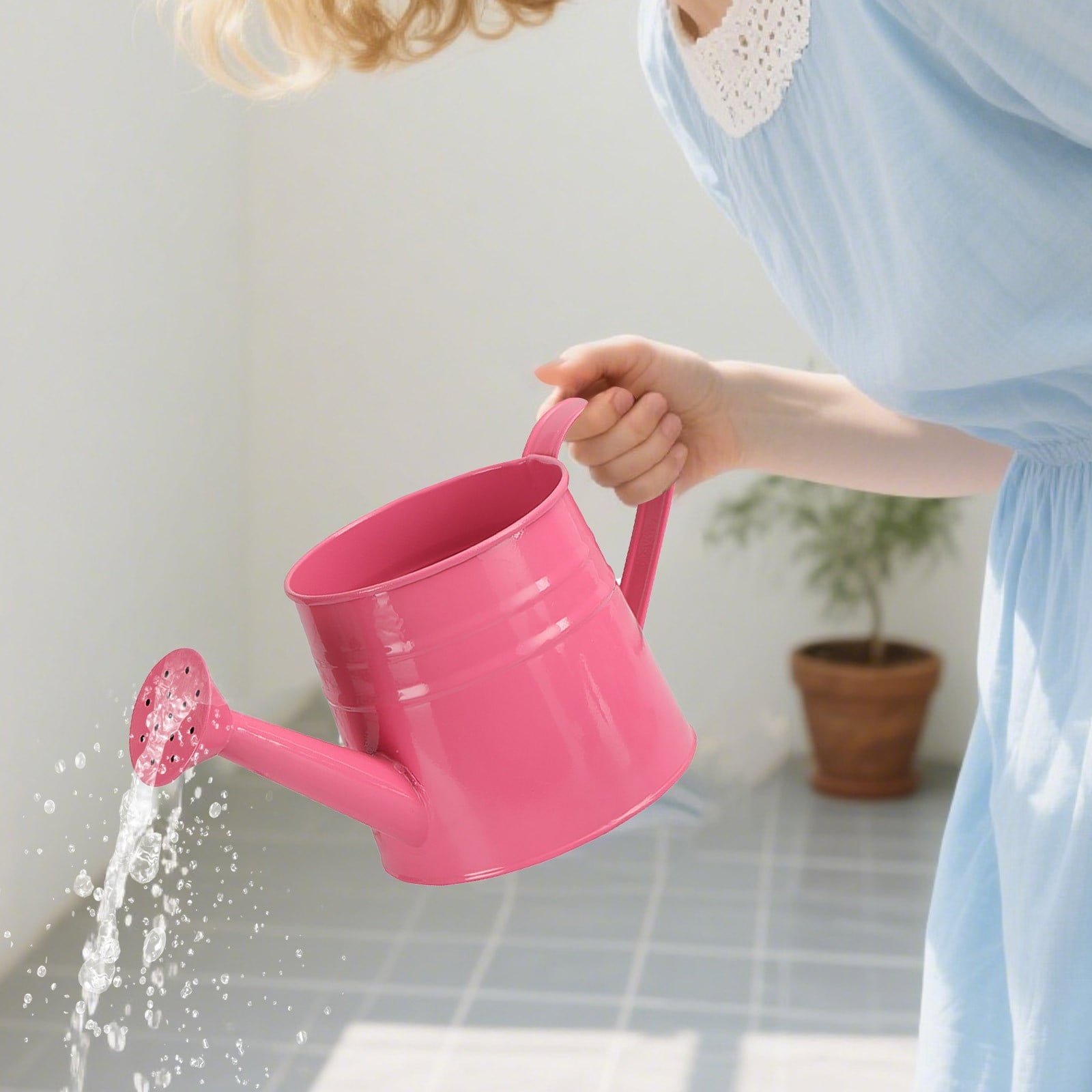 Loetky 4L Galvanized Metal Watering Can for Outdoor Garden Plants, Pink Large Capacity Watering Pot with Long Spout & Ergonomic Handle - Image 2