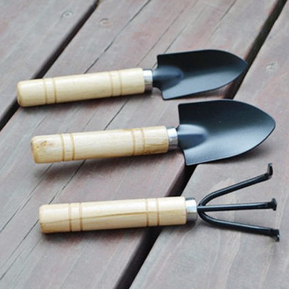 3Pcs Mini Garden Gardening Plant Tools Set with Wooden Handle Shovel Rake Spade - Image 2