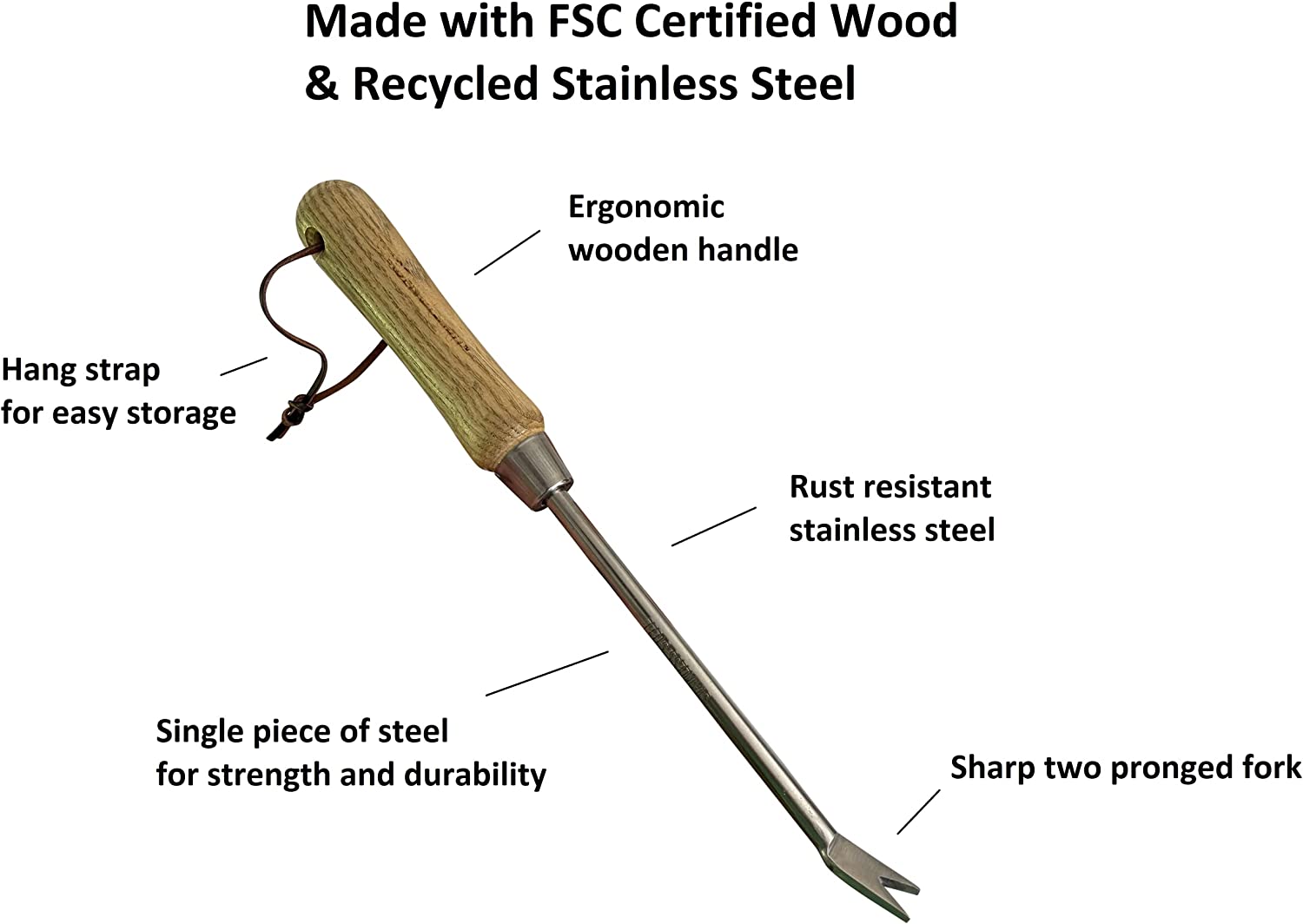 Eco Dandelion Weeder Tool w/ Ergonomic Wood Handle - 100% Recycled Stainless Steel - Rust Resistant - FSC Certified W... - Image 6