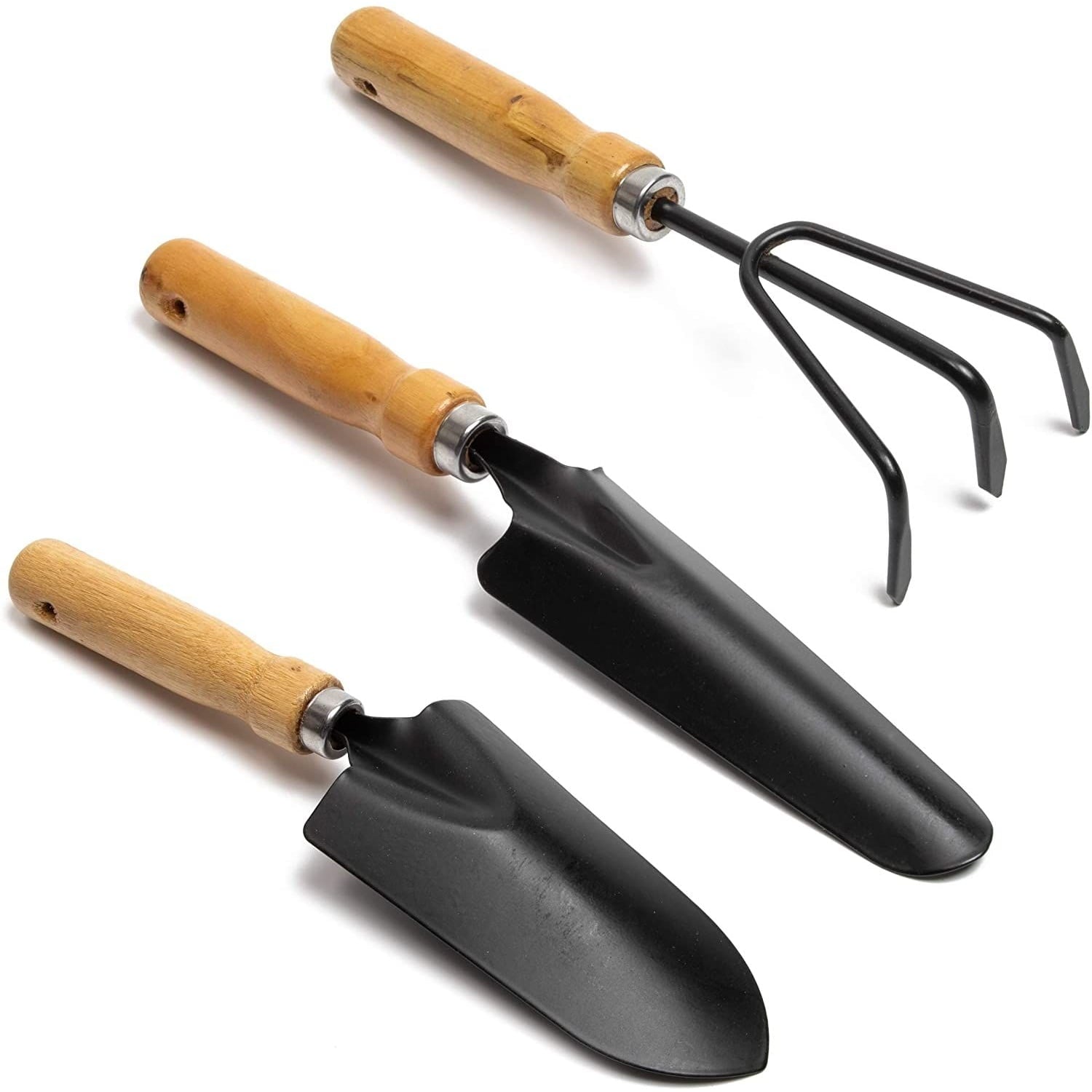 3-Piece Set Black Iron Gardening Tools Set with Mango Wood Handle - Mini Hand Trowel, Transplanter, Hand Rake Cultivator - Image 4