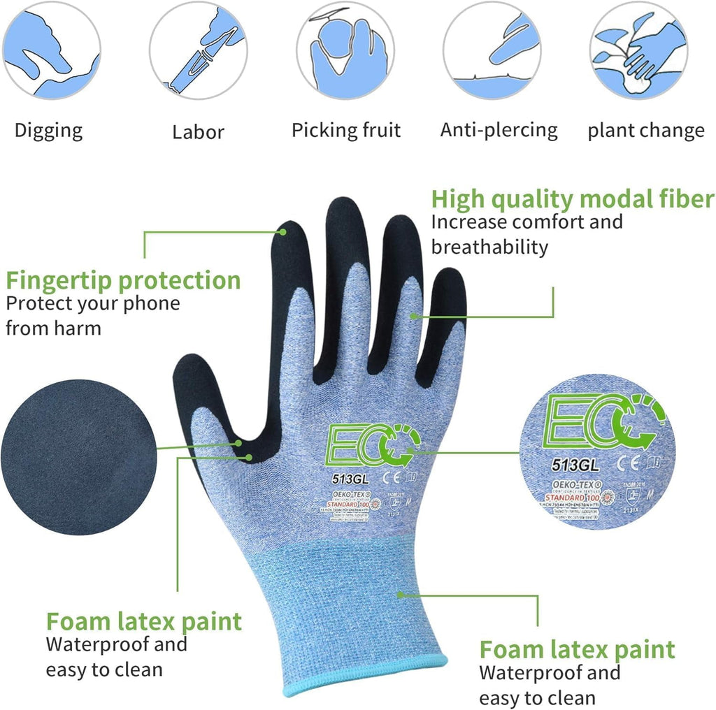 7 Gardening Gloves, Breathable Micro-Foam Coating, Durable Protective Work Gloves, 3 Purple + 3 Blue + 1 Grey, Medium - Image 2