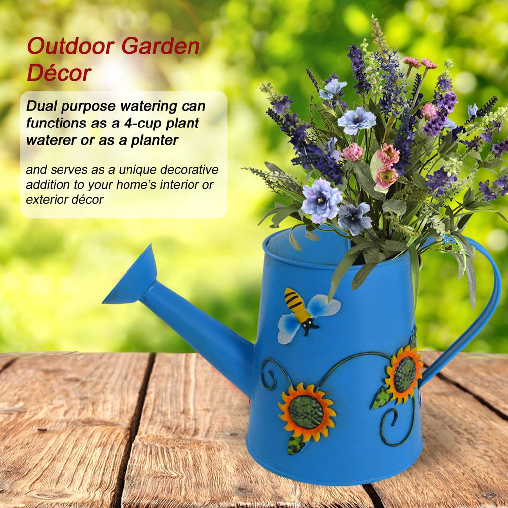 Small Blue Watering Can - Decorative Sunflower & Bee Metal Watering Can (Vol: 4 Cups) - Image 2