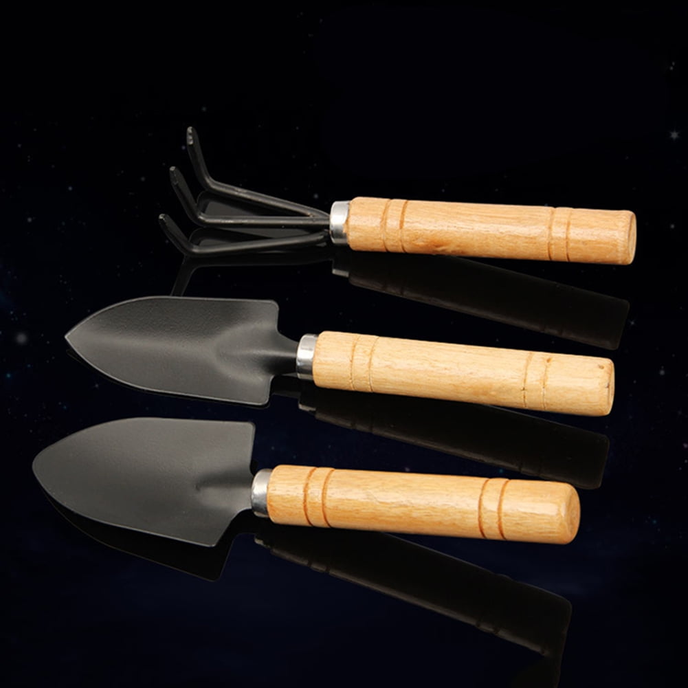 3Pcs Mini Garden Gardening Plant Tools Set with Wooden Handle Shovel Rake Spade - Image 3