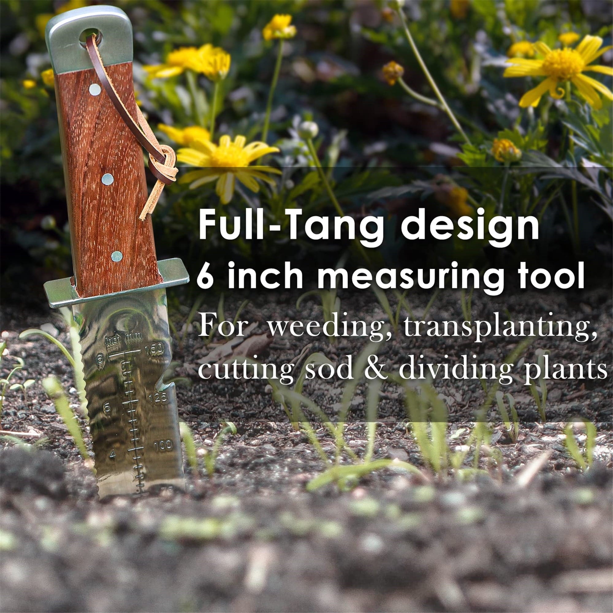 SHALL Hori Hori Garden Knife for Gardening, Full Tang Hori Hori Knife with Sheath & Hide Rope, 7” Stainless Steel Blade with Cutting Edge fo - Image 4