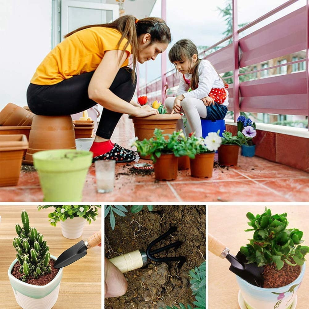 Set of 3 Mini Garden Tool Hand Planting Tools Small Shovel Rake Spade Wood Handle - Image 3