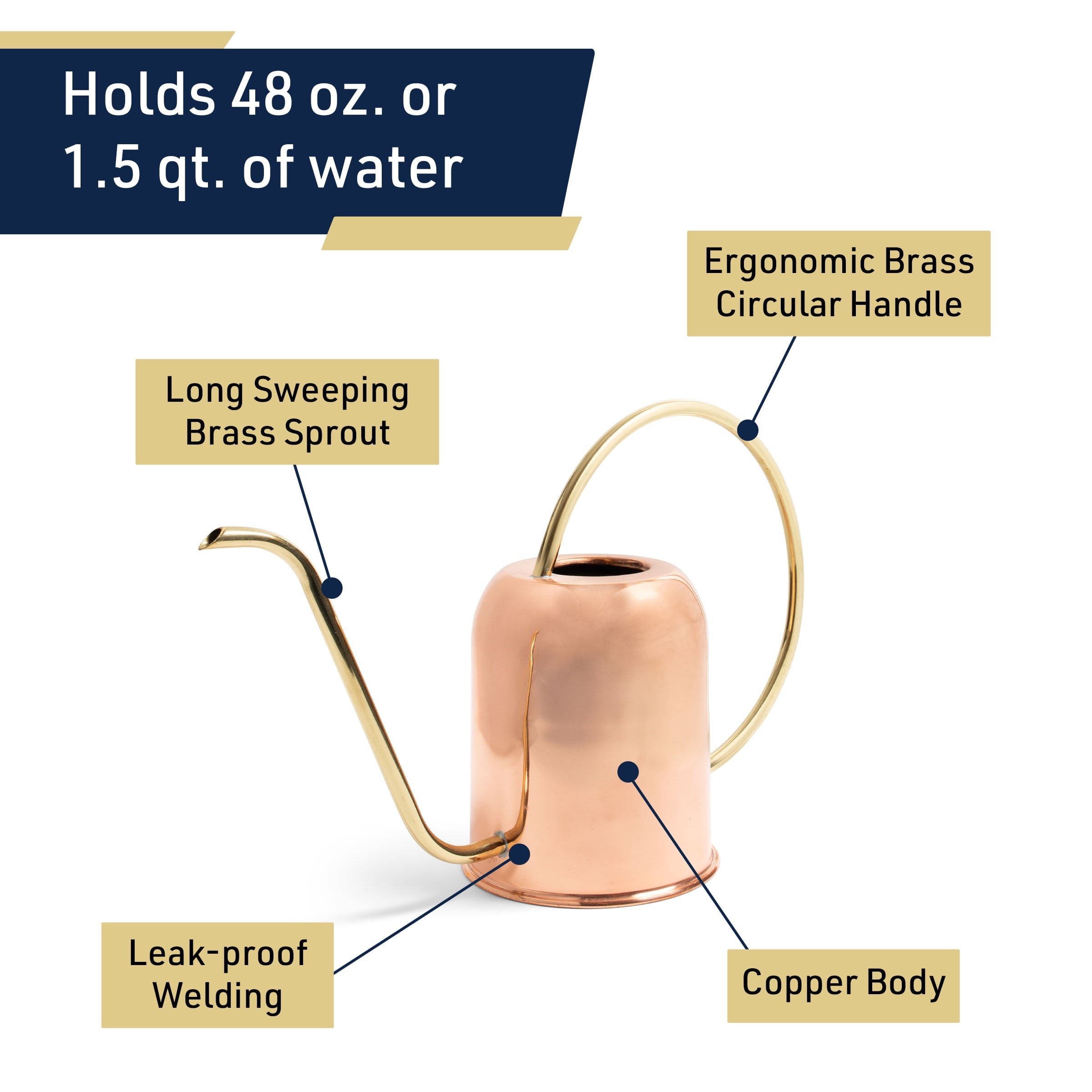 48oz Copper Watering Can Long Spout Indoor Plant Waterer with Brass Handle - Image 2