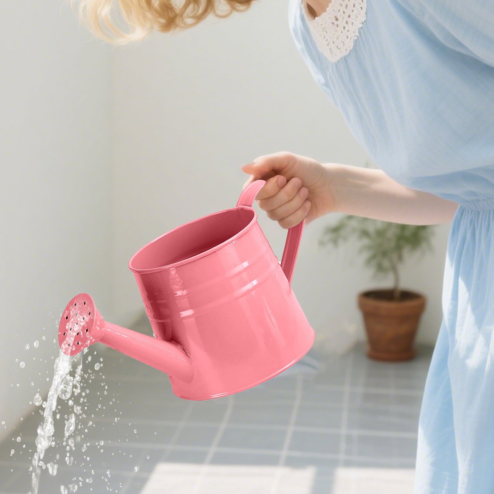 Loetky 4L Galvanized Metal Watering Can for Outdoor Garden Plants, Pink Large Capacity Watering Pot with Long Spout & Ergonomic Handle - Image 4