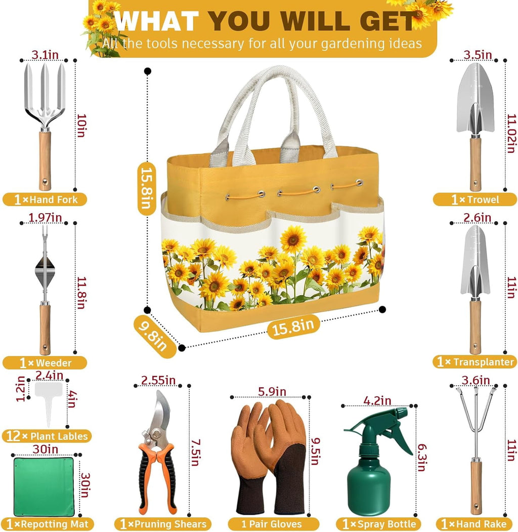 22Pcs Gardening Tools Set for Women Heavy Duty Garden Hand Tool Kit Gifts for Mom Beginner Gardener Gardening Accessories with SunflowerTote - Image 2