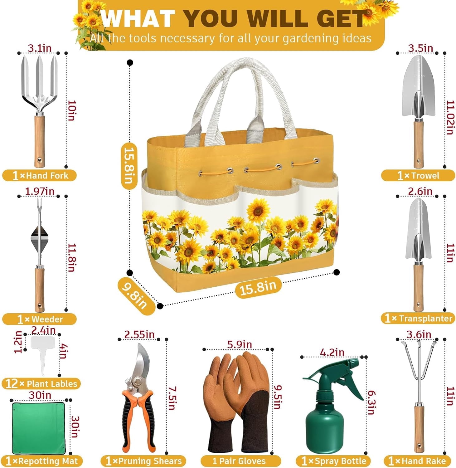 22Pcs Gardening Tools Set for Women Heavy Duty Garden Hand Tool Kit Gifts for Mom Beginner Gardener Gardening Accessories with SunflowerTote - Image 2