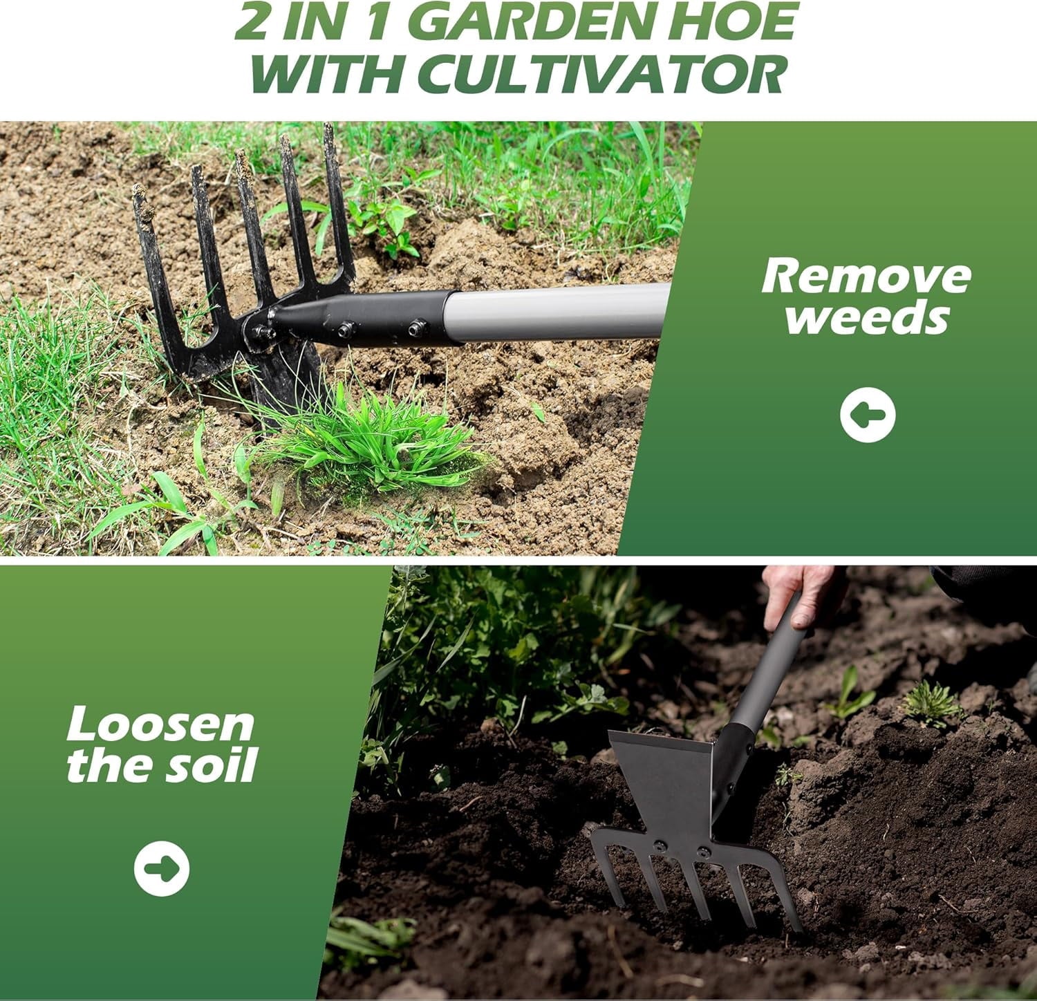 2 in 1 Hoe Garden Tool, 63 Inch Garden Hoe Cultivator and 5-Tines Rake with 37-63 Inch Adjustable Long Handle, Weedin... - Image 3
