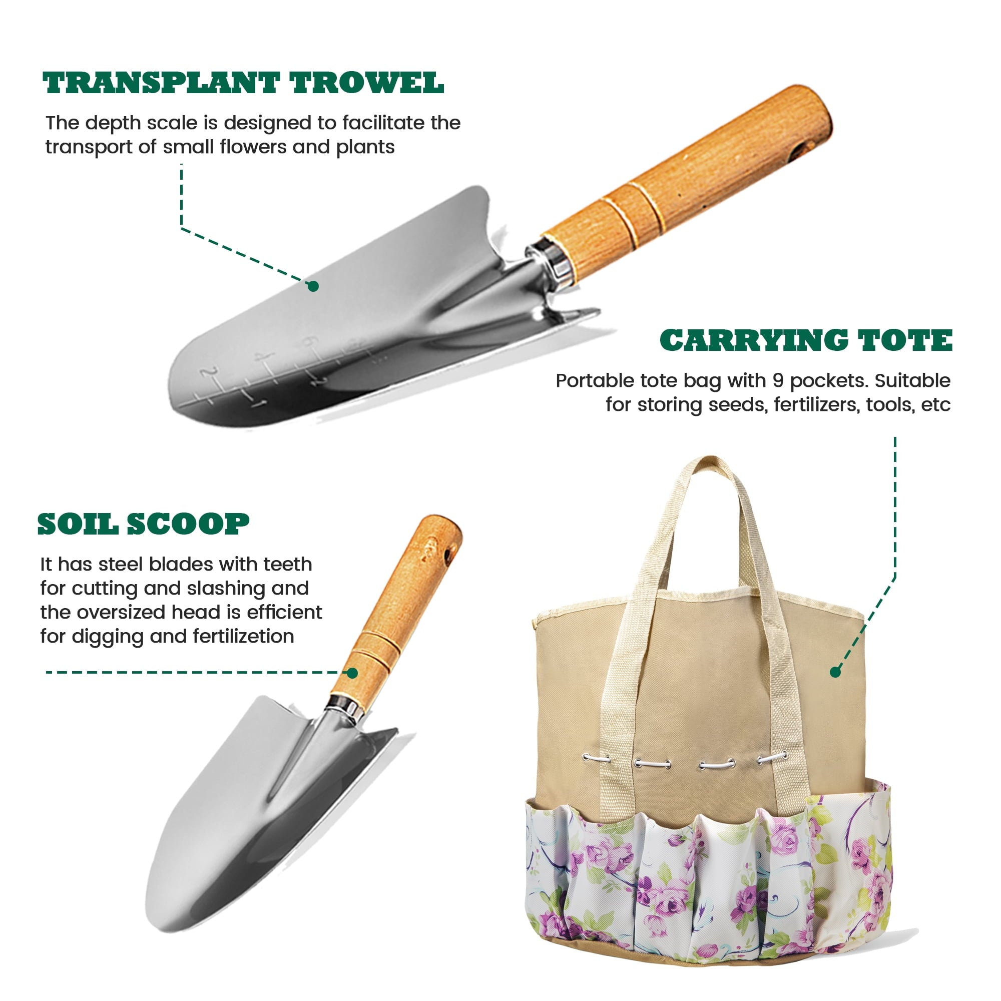 ALLJOY 9 Piece Garden Tools Set with Bag & Gloves,Heavy Duty Gardening Hand Tools Kit,Garden Gifts Supplies for Women Mom - Image 2