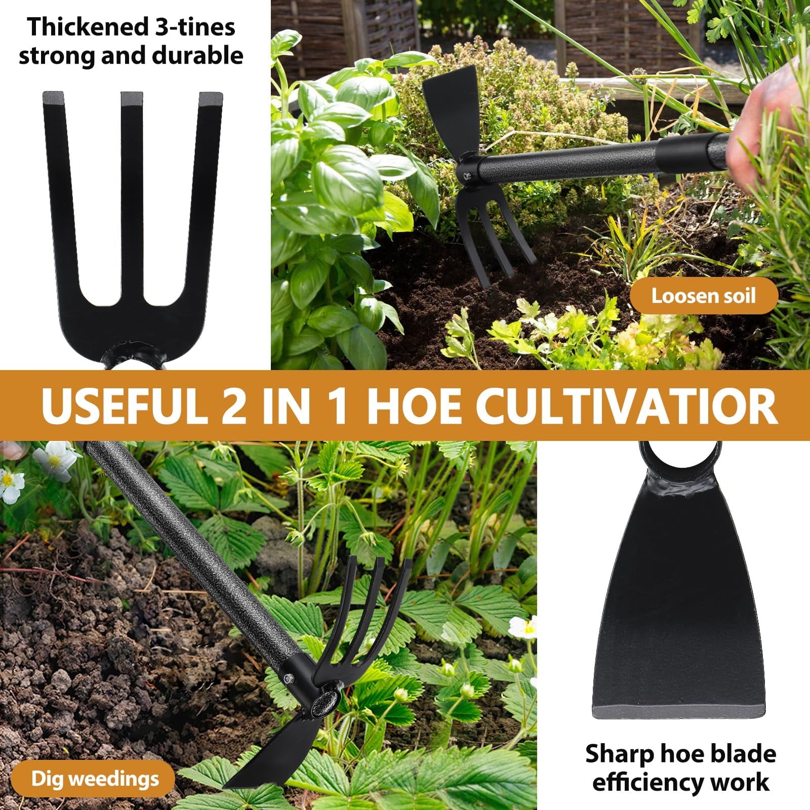Garden Hoe Tool, Adjustable Heavy Duty Dual-Head Weeding Tool for Weeding, Tilling, Lawn Yard Flower Bed Gardening Tool - Image 5