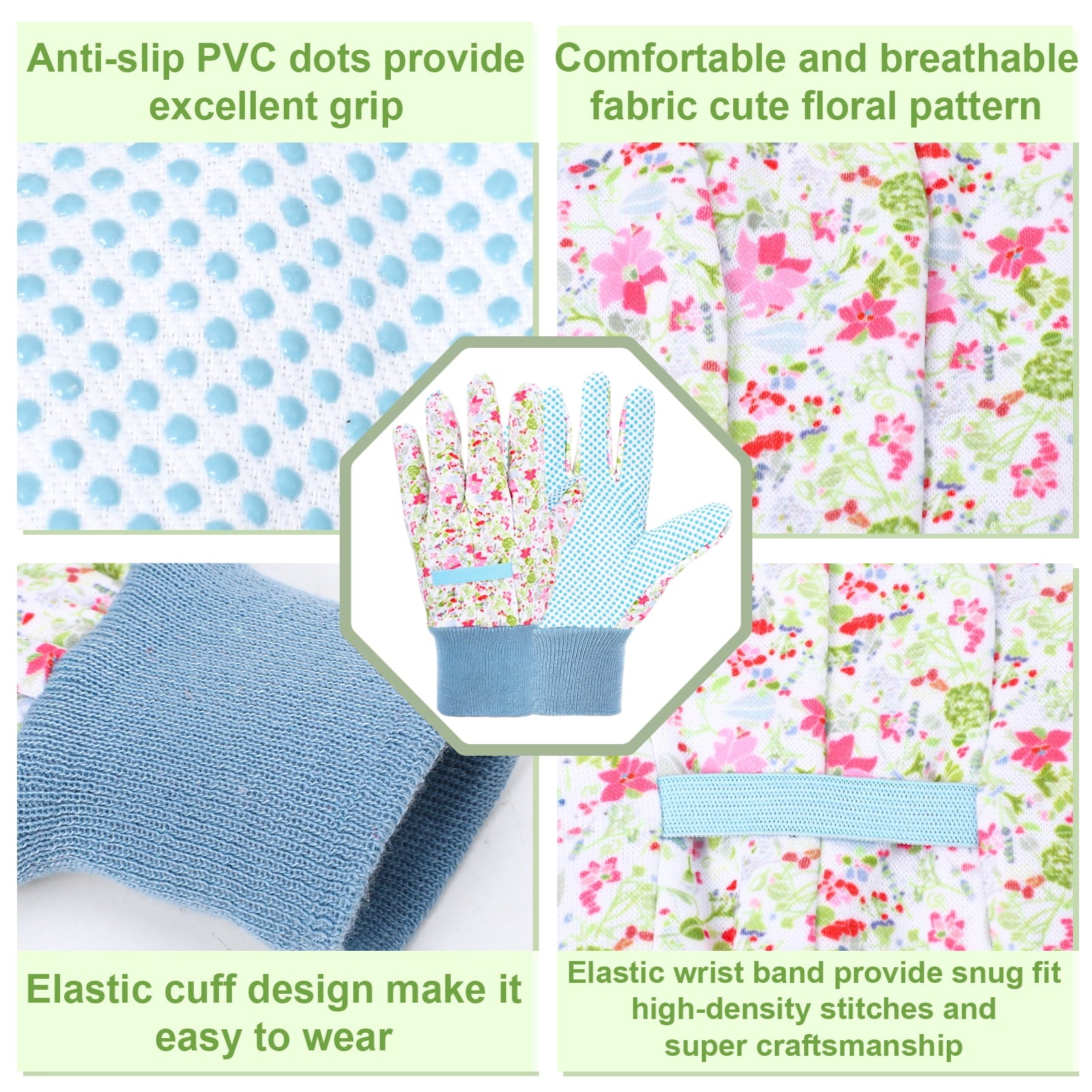 6 Pairs Floral Gardening Gloves for Women, Non-Slip Grip, Soft Breathable Cotton, Elastic Wrist for Weeding, Planting... - Image 3