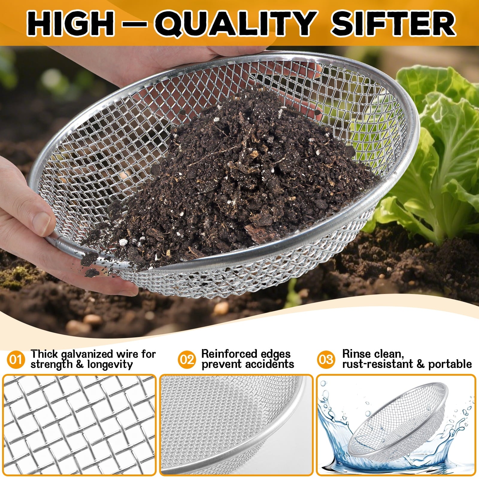 3Pcs 3 Sizes Soil Sifter Sieve - Heavy Duty Galvanized Screen for Compost, Dirt, Rocks, Gravel & Garden - Fits 5 Gall... - Image 2