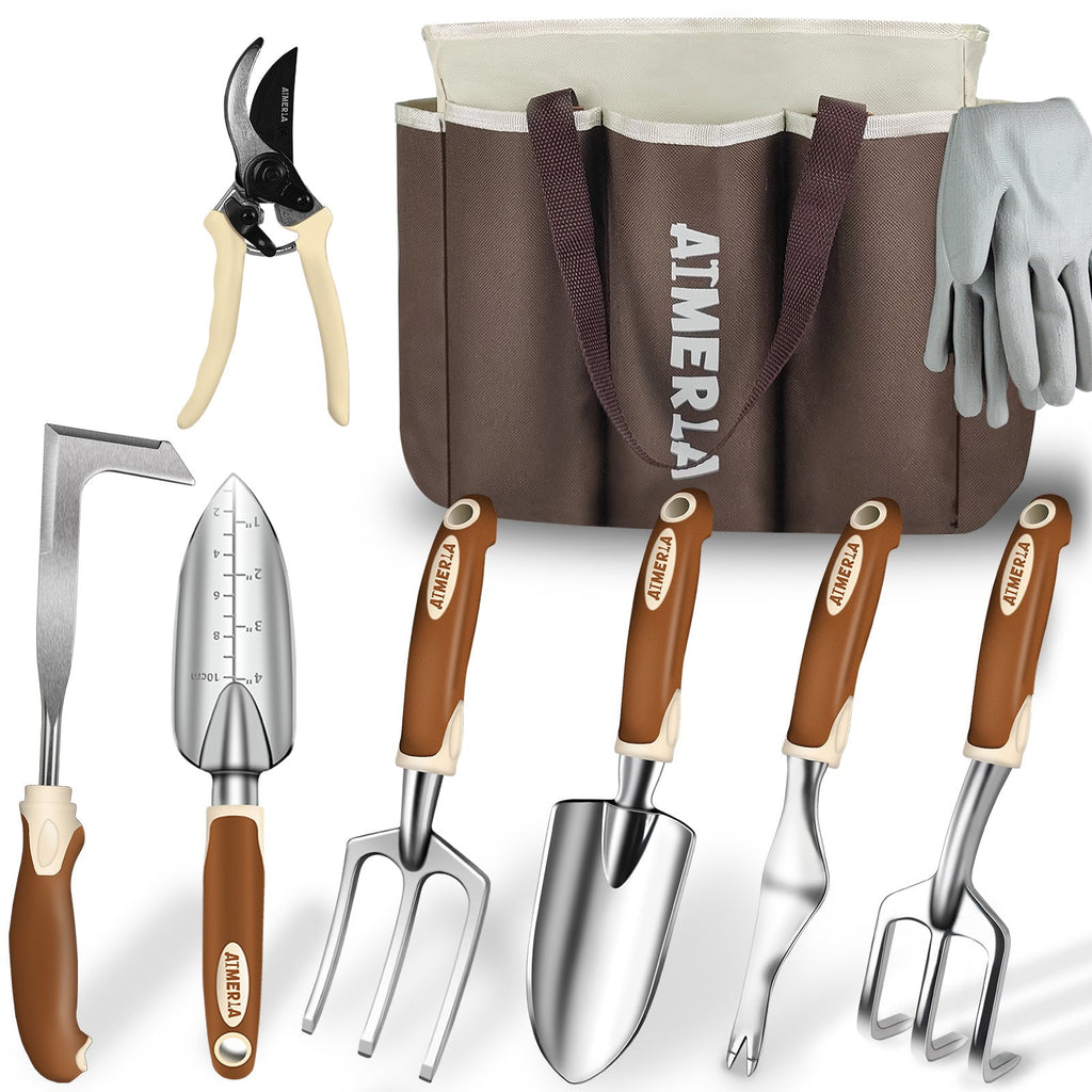 Gardening Tools Set of 9 Heavy Duty Garden Tools with Non-Slip Rubber Grip with Large Garden Bag for Tools Durable Ha...