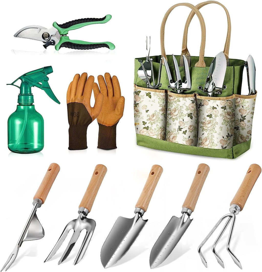 BN-LINK Garden Tool Set, 9 Piece Heavy Duty Gardening Hand Tools with Fashion and Durable Garden Tools Organizer Handbag,Rust-Proof Garden T