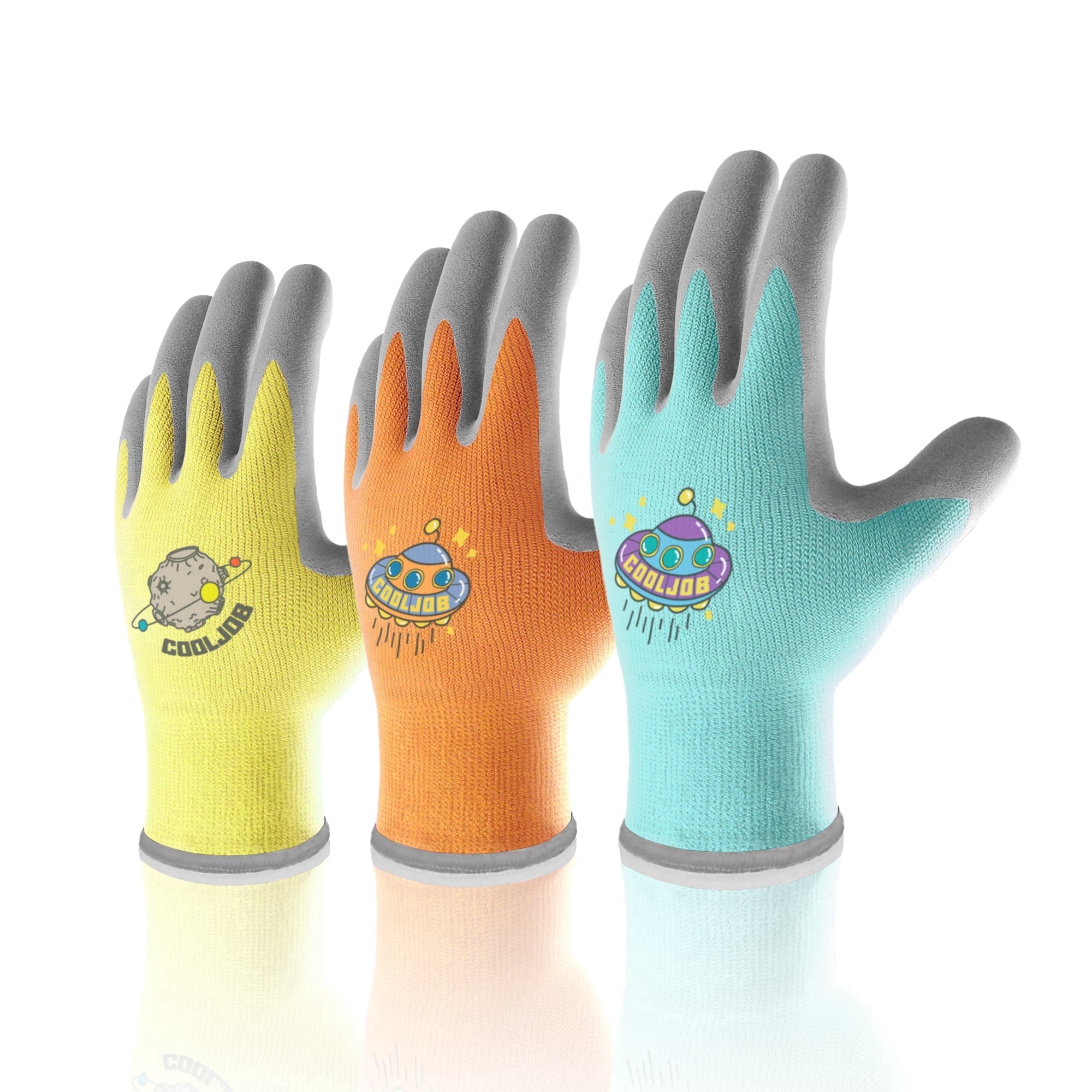 COOLJOB Kids Gardening Gloves for Age 6-8, Children Grippy Rubber Coated Garden Work Gloves, Orange & Green & Yellow, Medium, 3 Pairs