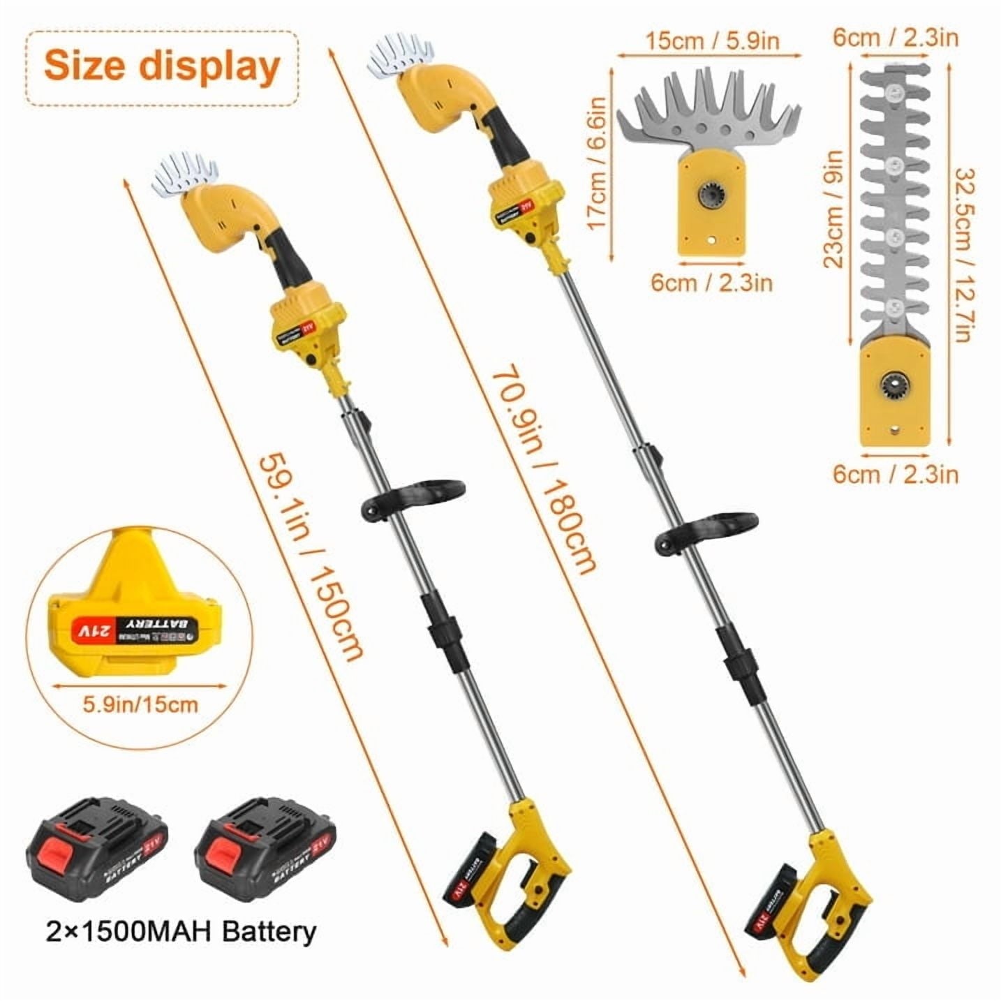 Cordless Hedge Trimmer with Extension Pole, 21V 2-in-1 Grass Shear & Shrub Cutter, 30-40 Min Runtime, 16/19mm Branch ...