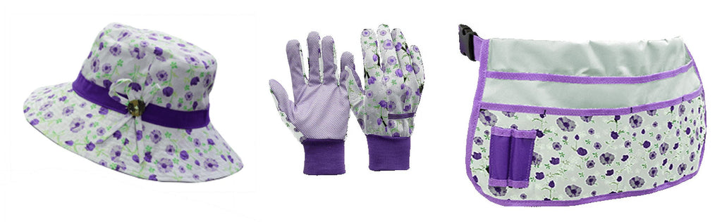 3-Pack Garden Apparel Accessory Combo-Glove, Hat and Waist Bag, Size Fits Most, Purple And white Color