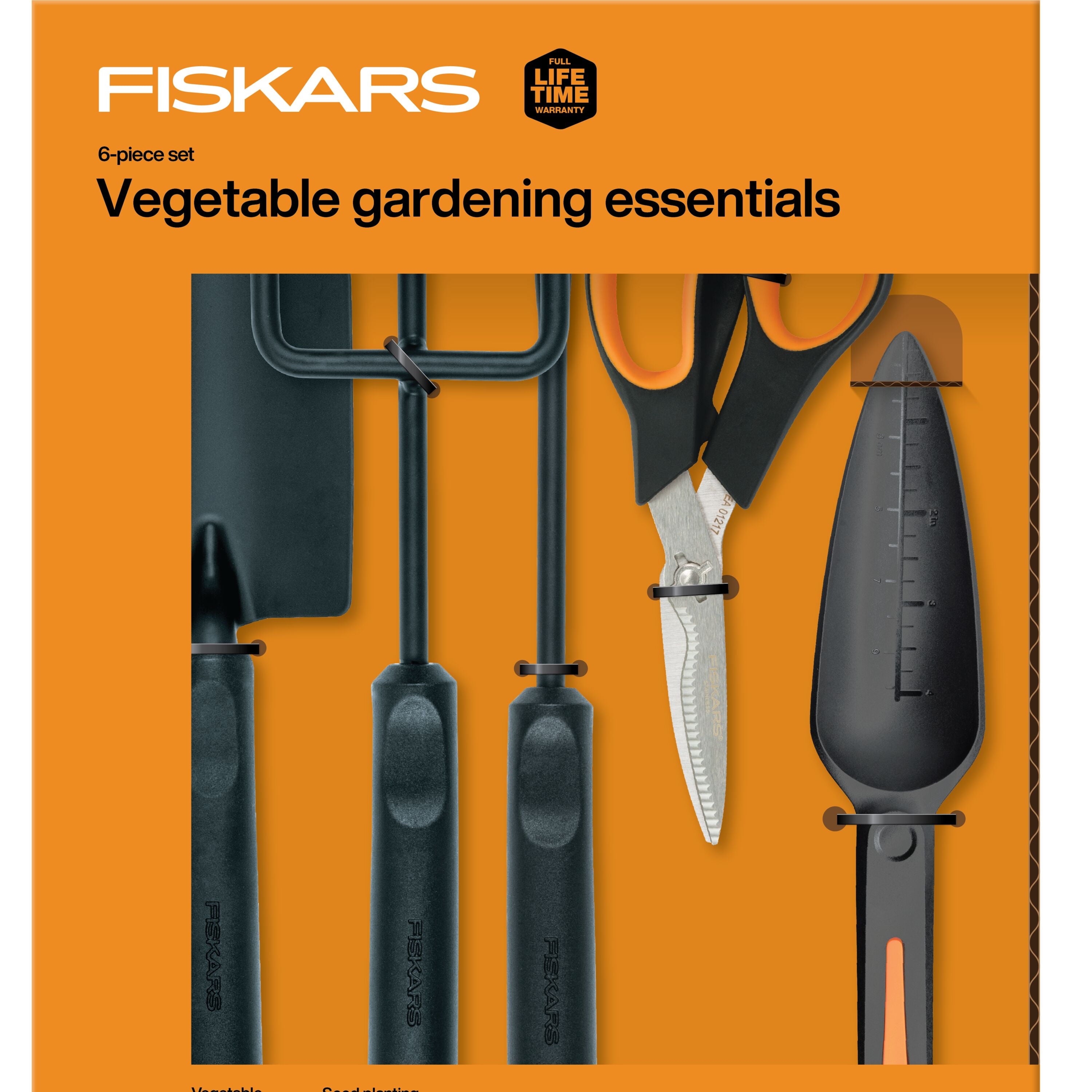 Fiskars Vegetable Garden Tool Set with Vegetable Shears, Seed Sower, Trowel, Cultivator, Weeder, and L/XL Garden Gloves for Indoor or Outdoo