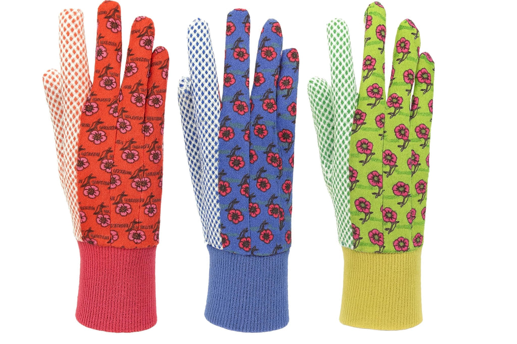 G & F 1852-3 Women Soft Jersey Garden Gloves, Women Work Gloves, 3-Pairs Green/Red/Blue per Pack