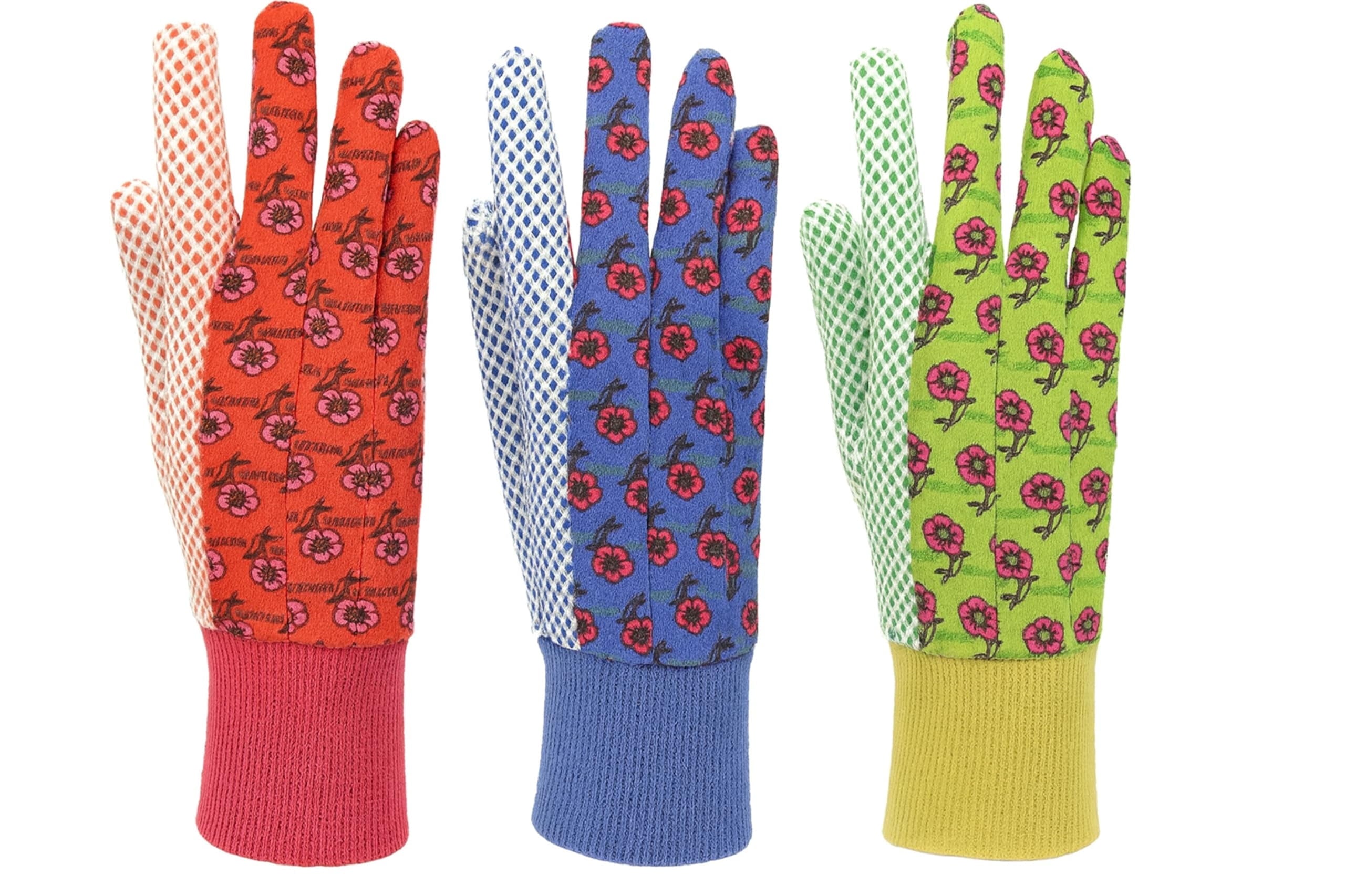 G & F 1852-3 Women Soft Jersey Garden Gloves, Women Work Gloves, 3-Pairs Green/Red/Blue per Pack