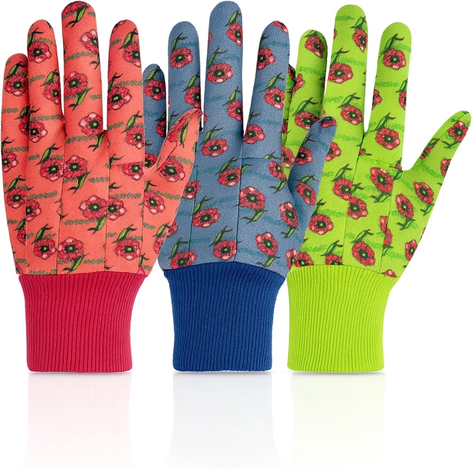 Gloves Red Floral Waterproof Gardening Gloves, 3 Pairs
