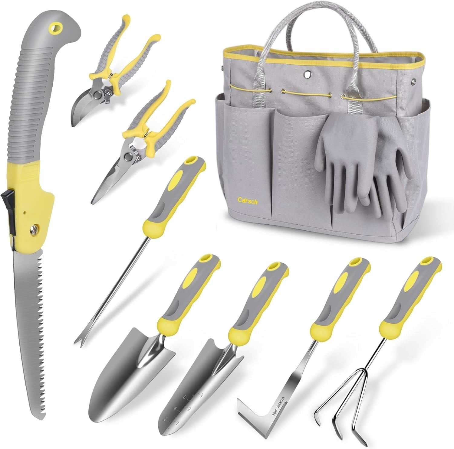 Garden Tool Set, Carsolt 10 Piece Stainless Steel Heavy Duty Gardening Tool Set for Digging Planting Pruning Gardening Kit with Durable Bag