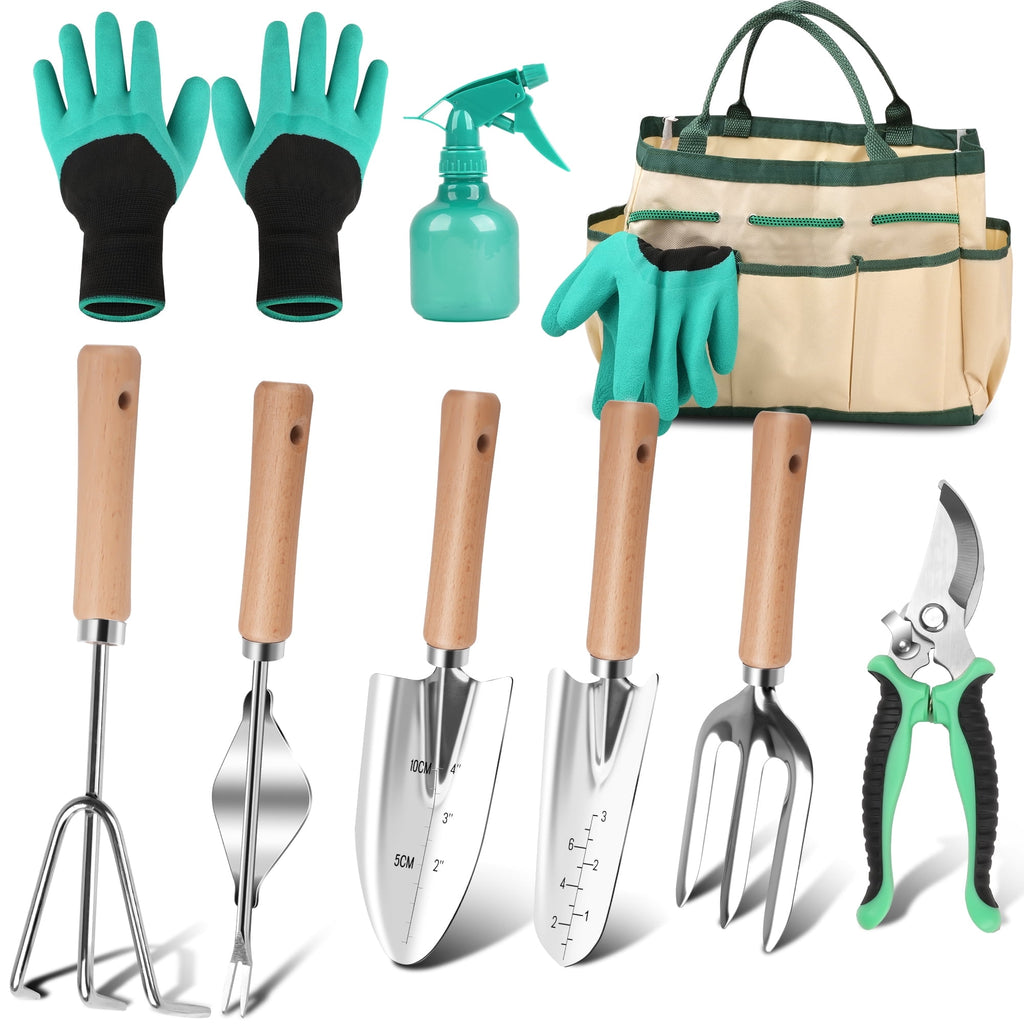 Gardening Tools 9 Piece Heavy Duty Gardening Hand Tools with Fashion and Durable Garden Tools Organizer Handbag,Rust-...