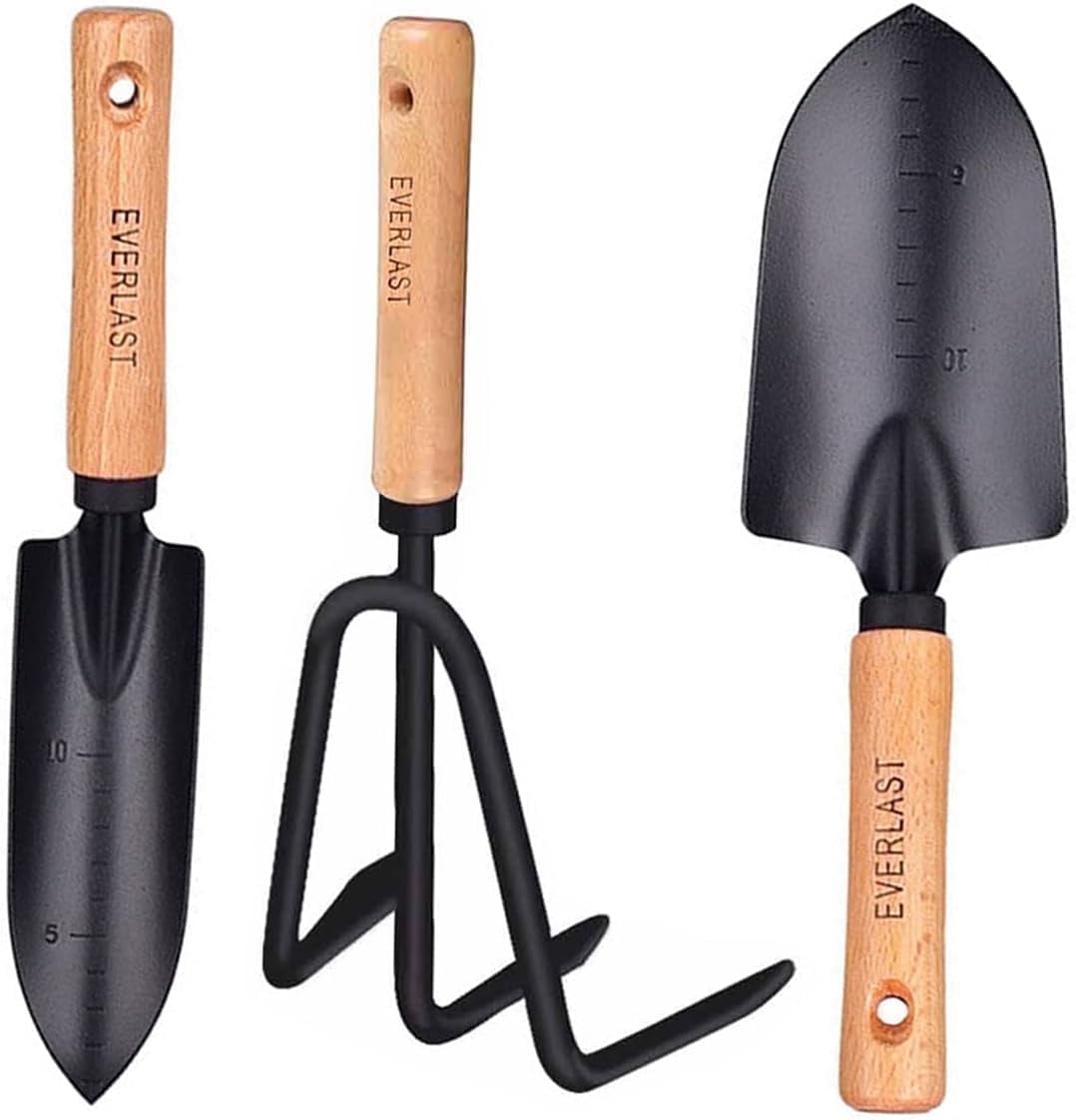 SUOWANG Conventional Garden Tools Minimalism Gardening Tool Set with Wood Handle, Succulent Plant Transplant Trowel, 3 Pieces Include 1 Narr