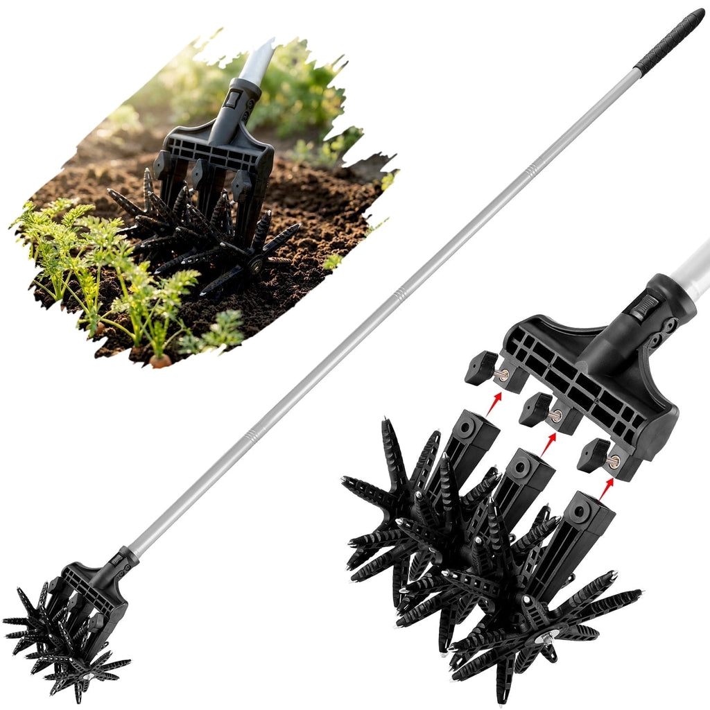69in Manual Hand Tiller,2-in-1 Lawn Aerator Cultivator Tool with Adjustable Handle,42 Tines Stainless Steel Garden To...