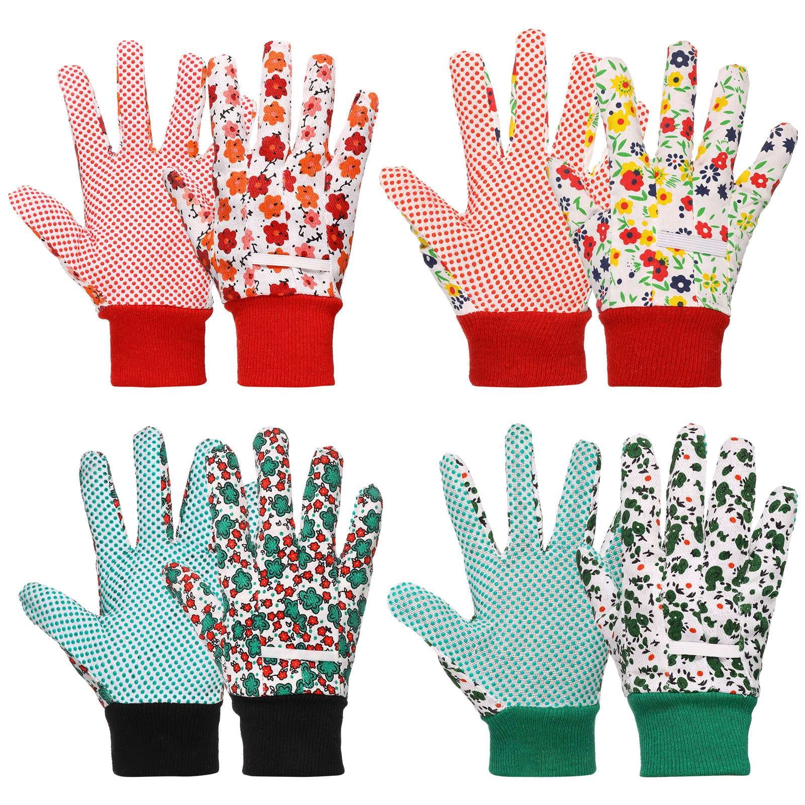 Hengguang 4 Pairs Gardening Gloves for Women, Floral Gardening Gloves for Ladies Women, Garden Gloves with Non-Slip Dots, Elastic Cuffs for