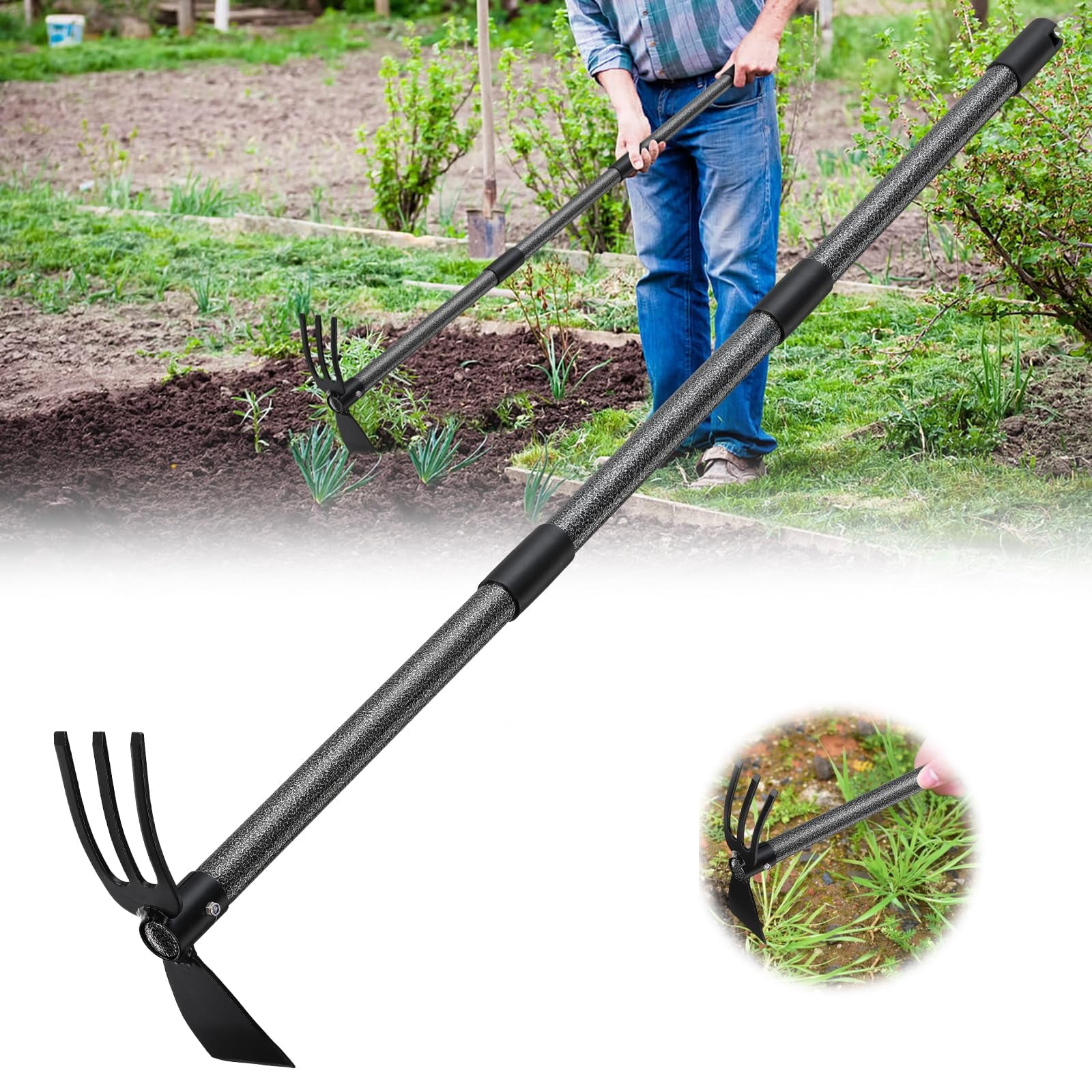 Garden Hoe, Garden Rake Tool with 45 inch Adjustable Long Handle for Weeding, Hoe Cultivator 2 in 1 Hand Garden Tool
