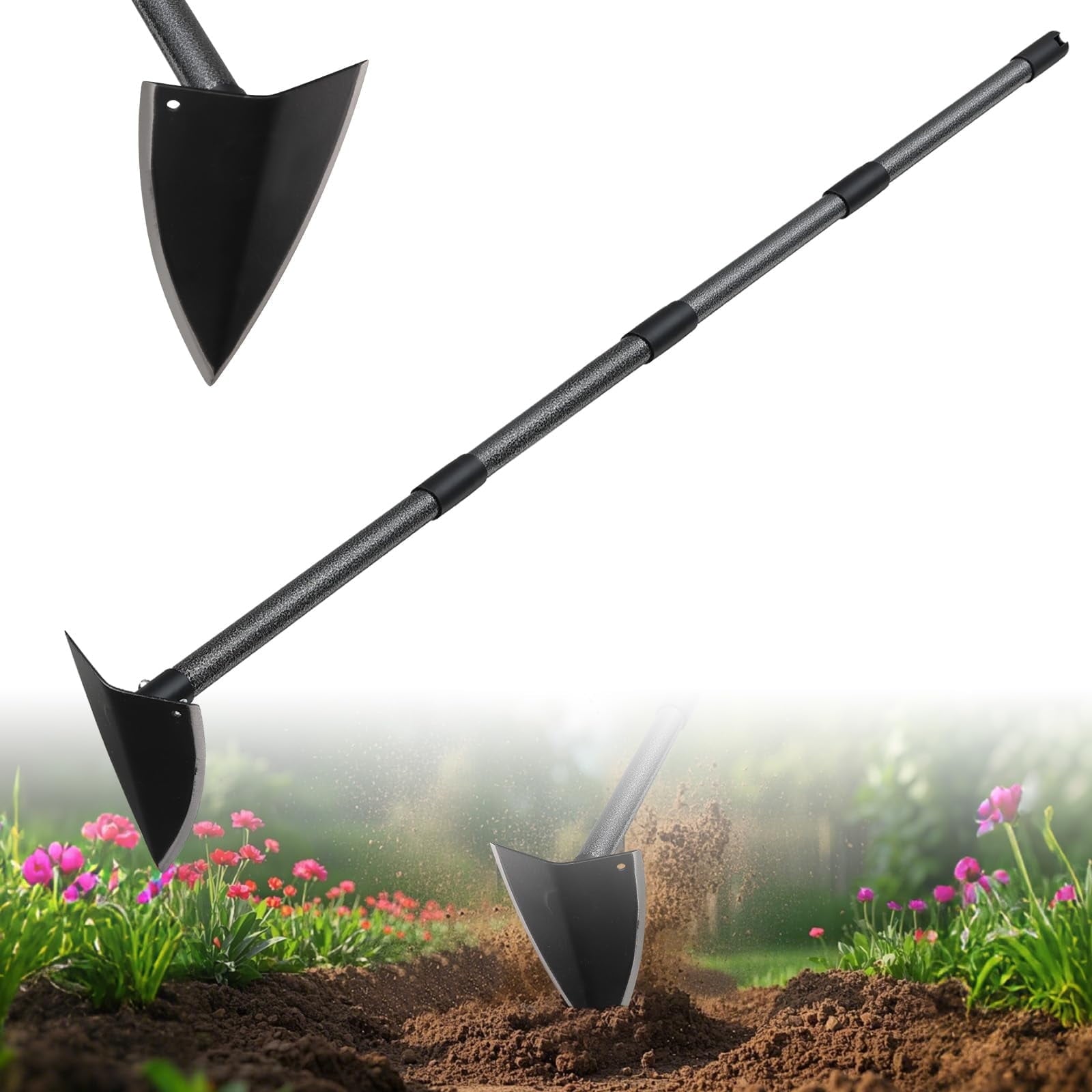 Triangle Hoe with 60 inch Adjustable Metal Handle, Hoe Garden Tool for Digging, Weeding, Cutting