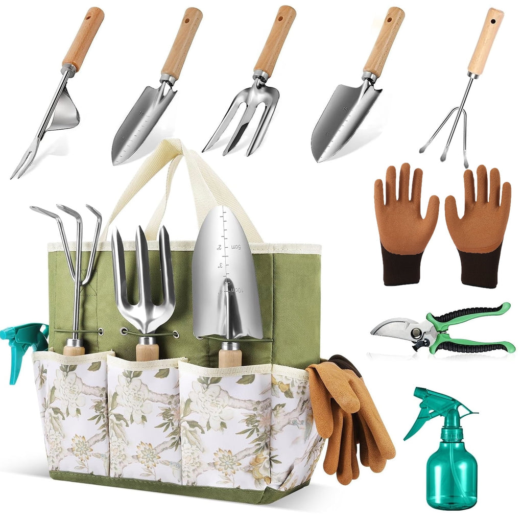 Kisportee Garden Tool Set, 9 Piece Heavy Duty Stainless Steel Gardening Tools with Fashion Storage Bag, Perfect Gardening Supplies Set Gifts