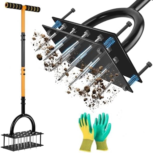 Tool with 16 Spikes Spring Base and Gloves Pre-Assembled Manual Yard Tool Automatic Leaf and Dirt Cleaning for Yard G...