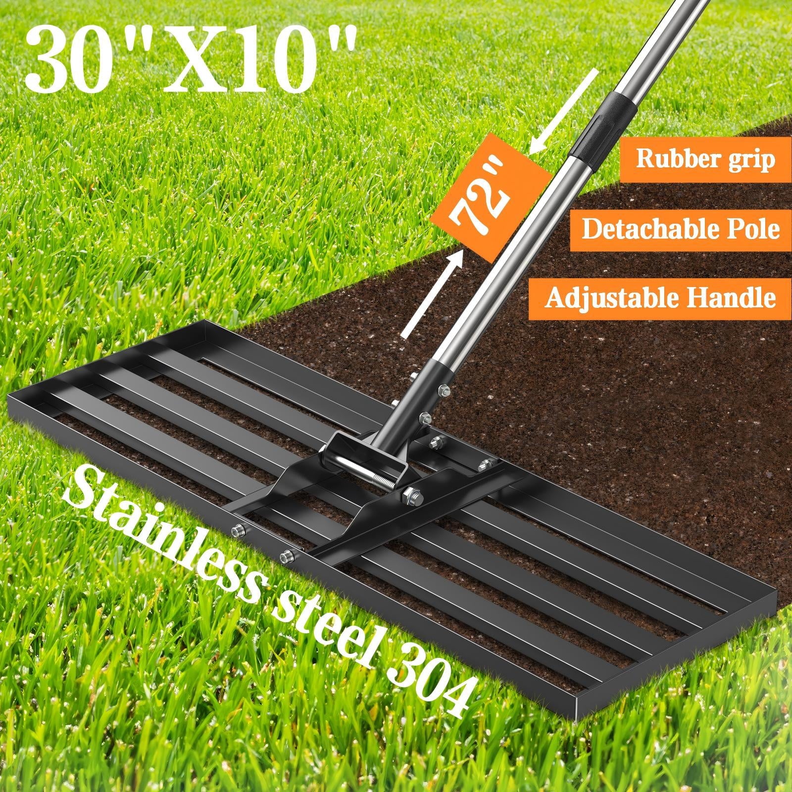 Lawn Leveling Rake, 30" x 10" Heavy-Duty Stainless Steel Lawn Leveler with 72“ Adjuatble Long Handle - Effort-Saving Leveling Soil Sand Spre