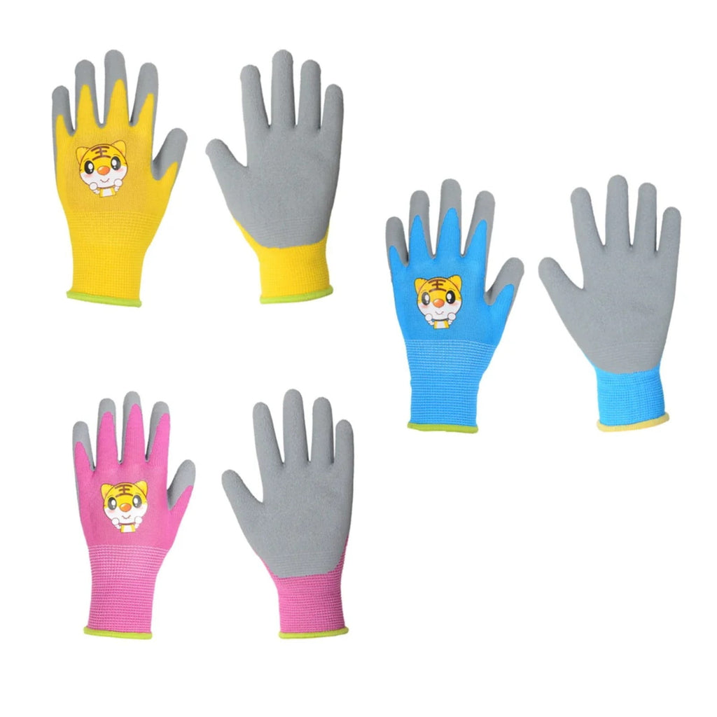 Lssam Kids Gardening Gloves Set for Ages 6-8, Rubber Coated Grippy Work Gloves, Durable Garden Gloves for Children, 3 Pairs (Pink, Blue, Yel