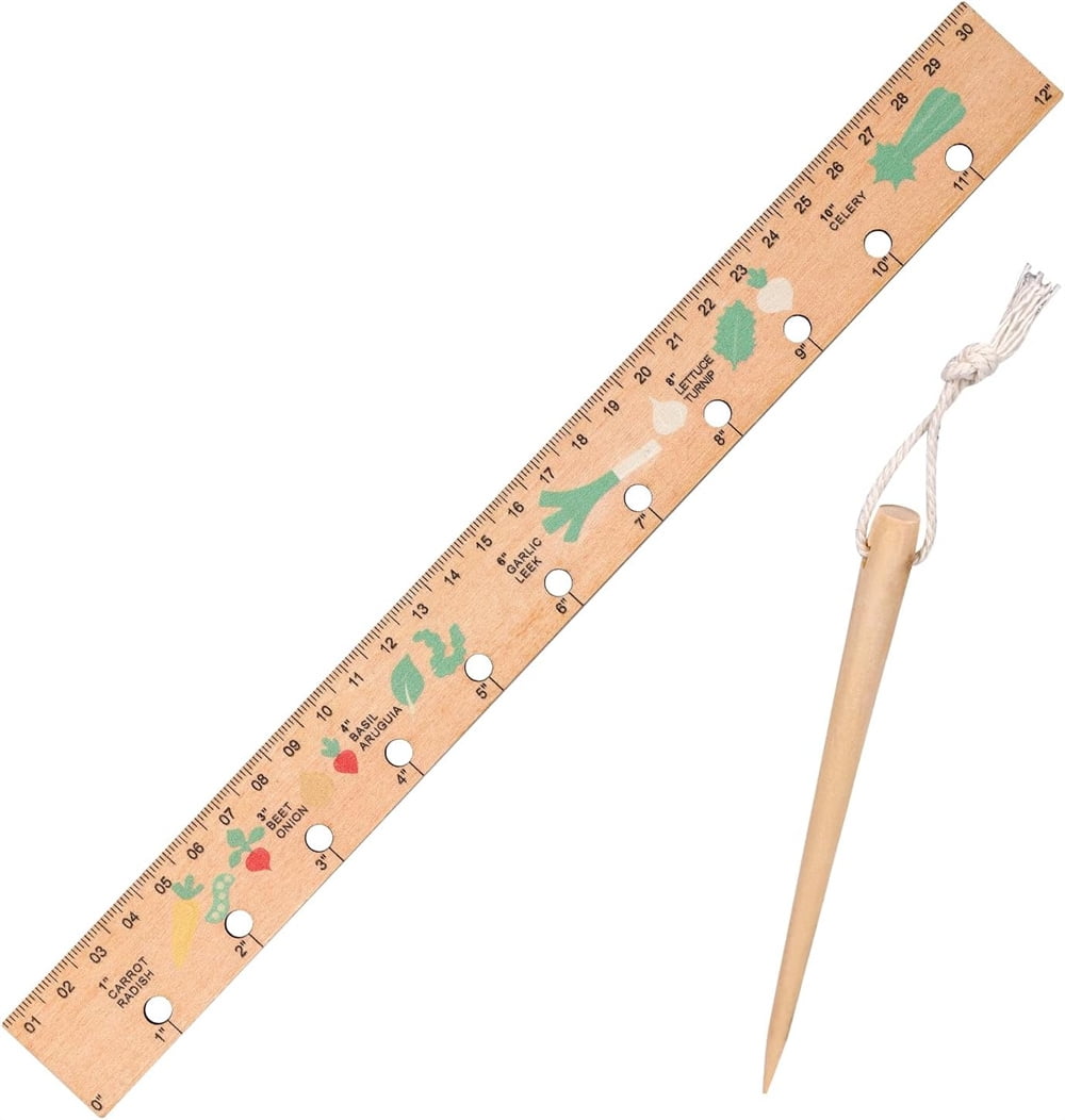 2pcs Wooden Planting Ruler and Seeder Set, Seed Spacing Ruler Seed Planting Ruler with Holes Garden Dibber Spacing Ru...