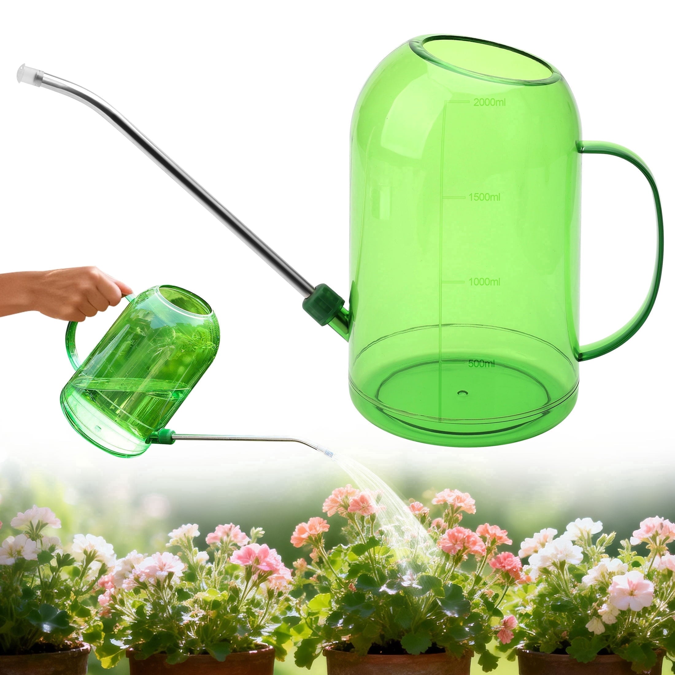 Plastic Watering Can, TSV Garden Plant Watering Can with Stainless Steel Long Spout, 2L/68oz Clear Measurement Markings Long Spout Watering