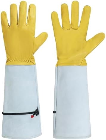 Gloves for Men Women, Thorn Proof Forearm Protection Leather Garden Gloves, Gifts for Gardeners (Golden Yellow, Large)