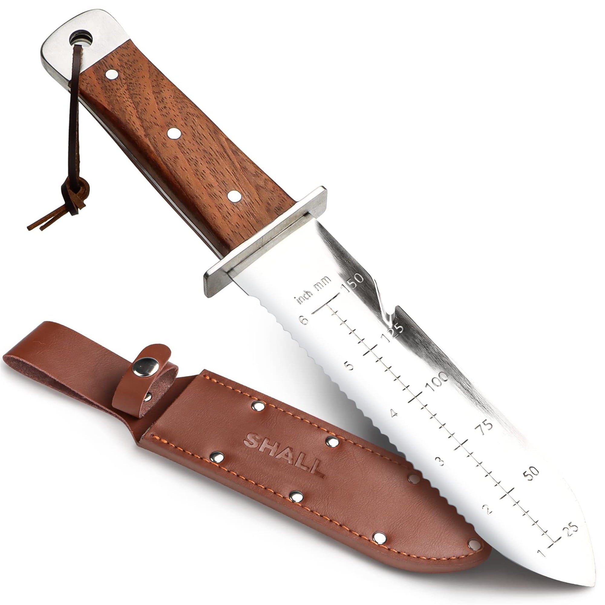 SHALL Hori Hori Garden Knife for Gardening, Full Tang Hori Hori Knife with Sheath & Hide Rope, 7” Stainless Steel Blade with Cutting Edge fo