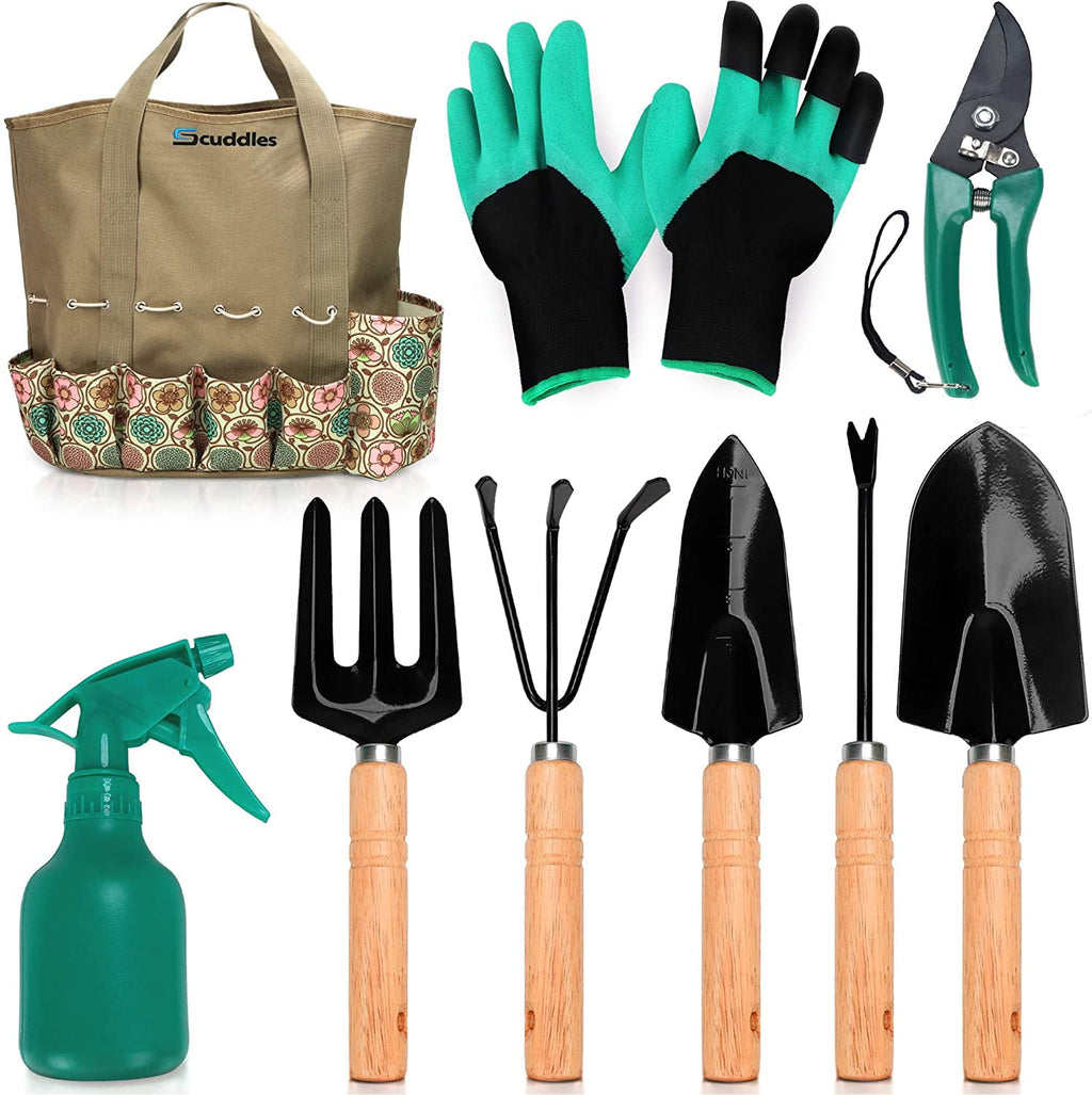 Scuddles Garden Tools Set - 8 Piece Heavy Duty Gardening Kit with Storage Organizer, Ergonomic Hand Digging Weeder Rake Shovel Trowel Spraye
