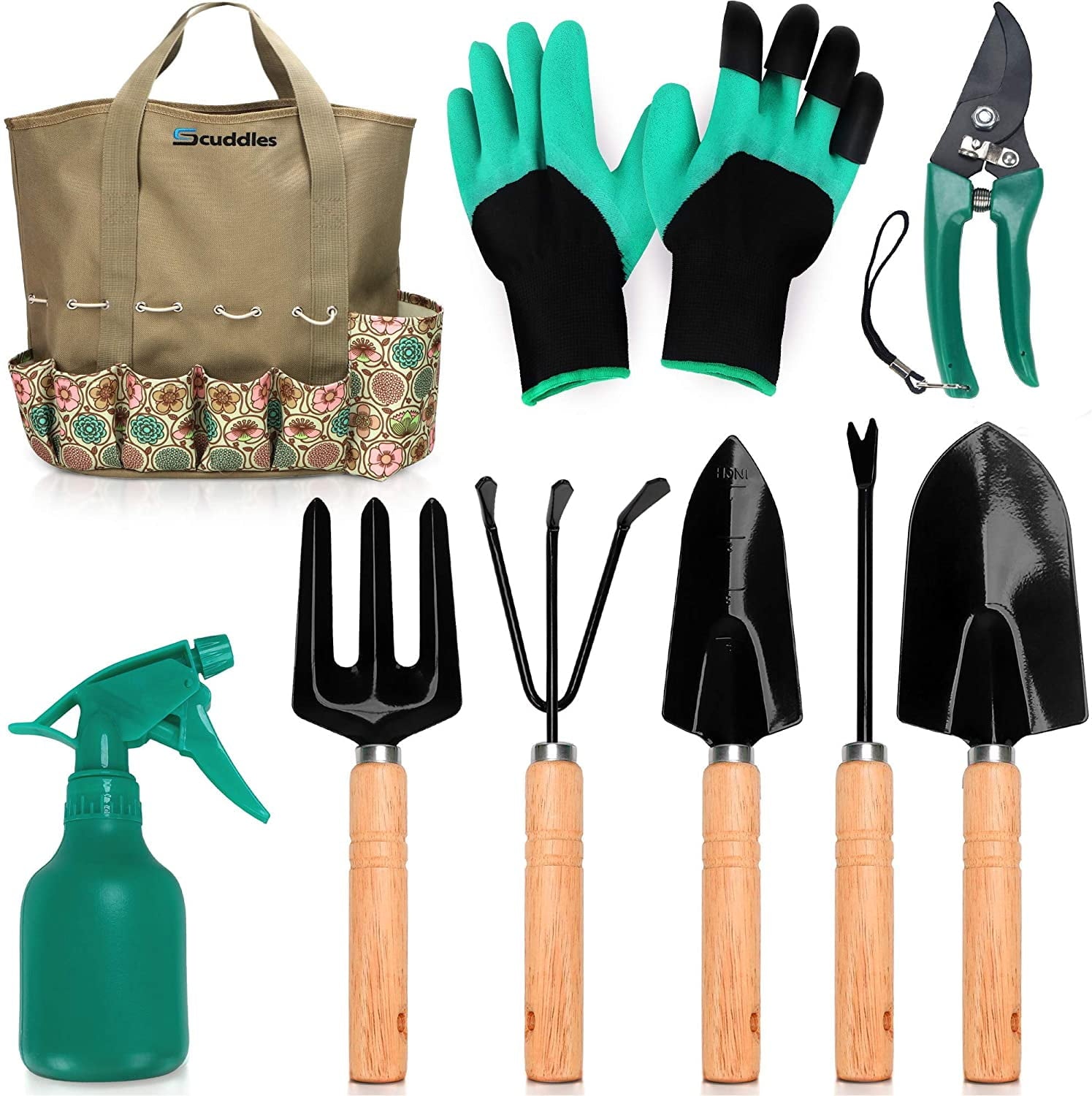 Scuddles Garden Tools Set - 8 Piece Heavy Duty Gardening Kit with Storage Organizer, Ergonomic Hand Digging Weeder Rake Shovel Trowel Spraye