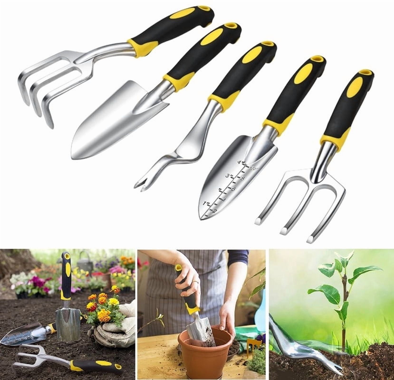 Set, 5pcs Heavy Duty ing Kit Aluminum Alloy Includes Hand Trowel, Transplant Trowel, Hand Rake, Weeder, Hand Fork, wi...