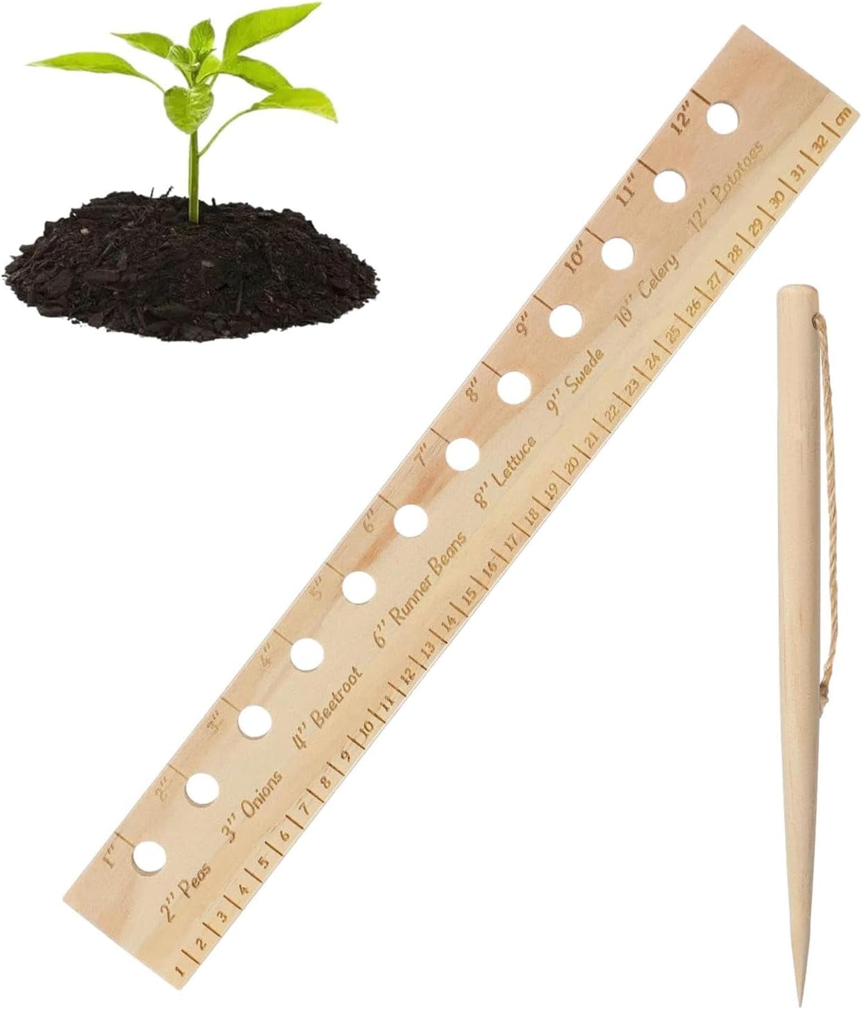 Spacer Tool Seeder Planting Ruler Wooden Seeding Spacing Ruler with Holes and Dibber for Gardens Yard
