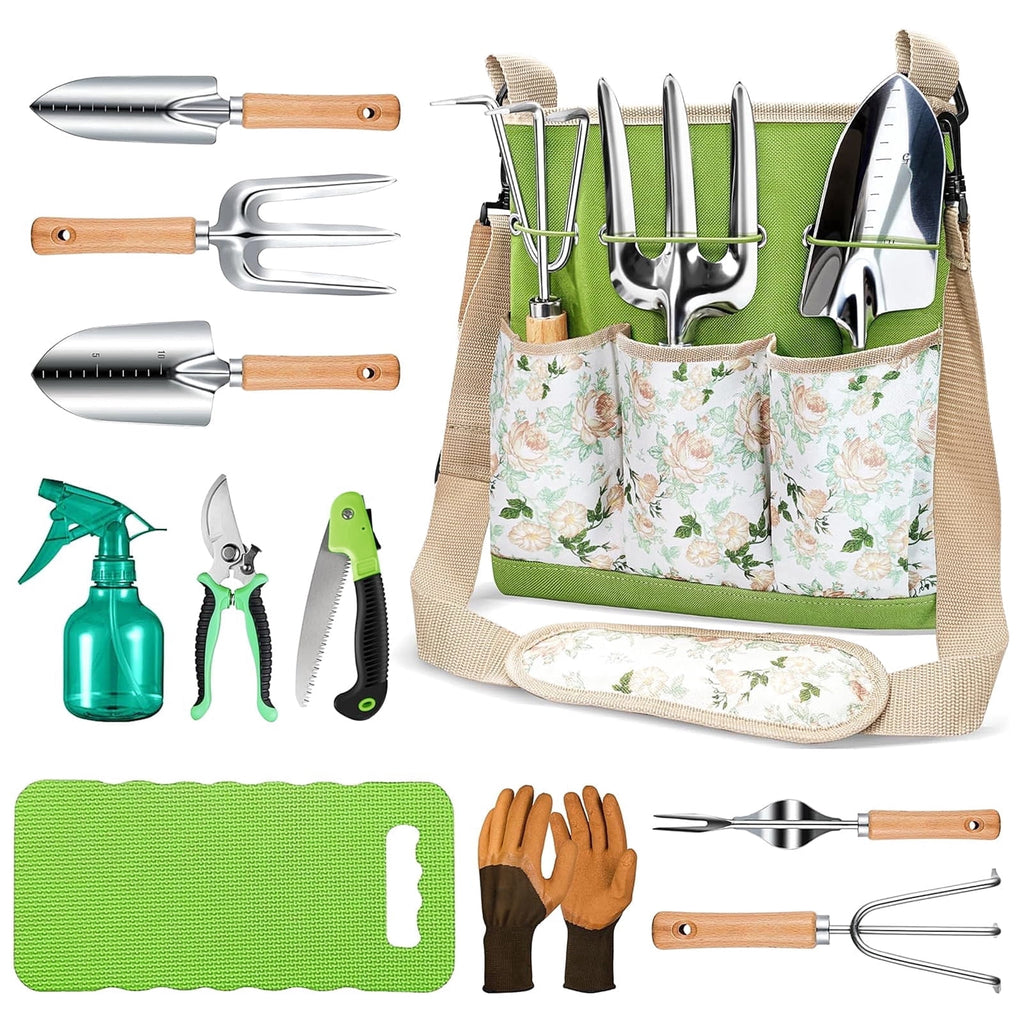 11-Piece Garden Tools Set for Women, Heavy Duty Stainless Steel Hand Tools with Ergonomic Non-Slip Grips & Canvas Sto...