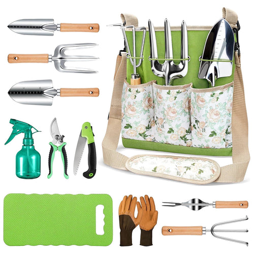 11-Piece Garden Tools Set for Women, Heavy Duty Stainless Steel Hand Tools with Ergonomic Non-Slip Grips & Canvas Sto...