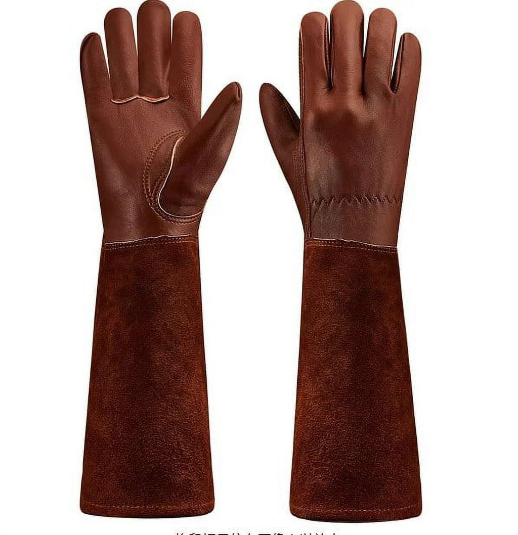Vruelia Long-Gardening-Gloves for Women/Men - Thorn Proof Cowhide Leather Rose/Blackberry Pruning Heavy Duty Gloves Thick Palm Gauntlet Gard