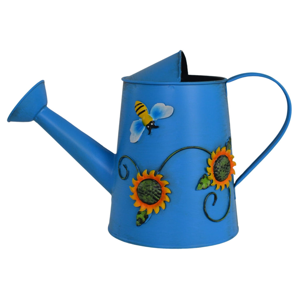 Small Blue Watering Can - Decorative Sunflower & Bee Metal Watering Can (Vol: 4 Cups)